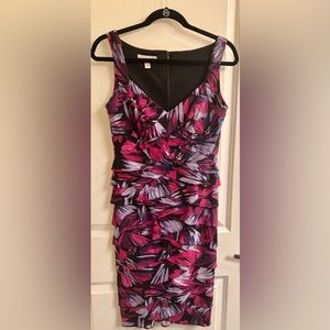 London Times Size 4 Purple Floral Print Black Dress